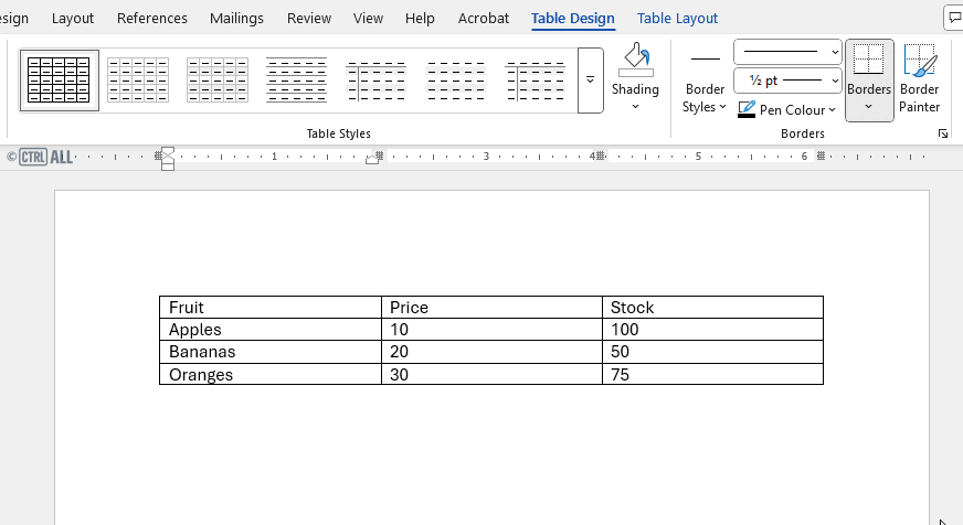 Demonstration apply table styles in Word